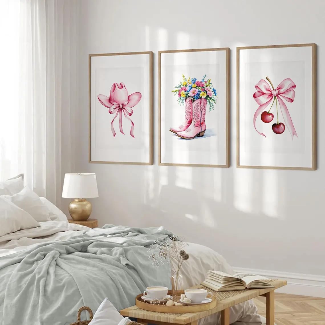 3 Pieces Pink Cowboy Hat & Boots Poster Cherry Pink Bow Prints Wall Art Minimalist Bow Canvas Painting Framed Artwork for Living Room Dorm Decoration with Inner Frame