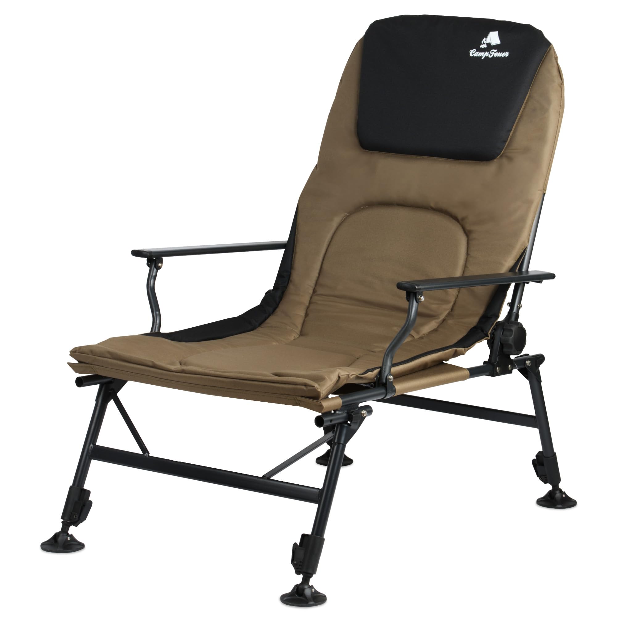 CampFeuer 2in1 Angelstuhl Olivgrün/Schwarz | Höhenverstellbarer Campingstuhl und Angelliege | Faltbarer Karpfenstuhl | Outdoor Travelchair für Camping, Zelten, Angeln | Fischerstuhl klappbar