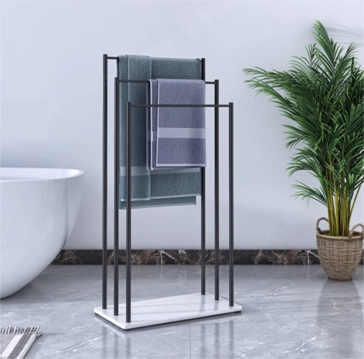 Toallero De Pie, Toallero De Hierro De 3 Niveles con Base De Mármol, Toallero De Pie, Toallero De Metal para Baño, Lavadero, Toallero De Pie(Negro+Blanco-55 * 30 * 115Cm)