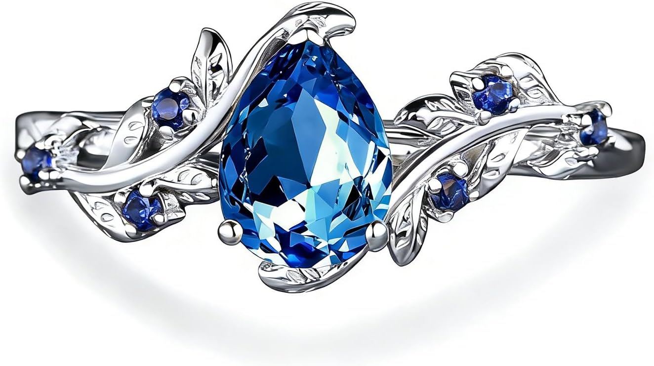 S925 10K 14K 18K Gold Pear Gemstone Engagement Rings for Women, 1-3 Carat Center Pear Cut Birthstone Art Deco Leaf Vine Customized Wedding Promise Anniversary Ring for Her Wife Free Engraving