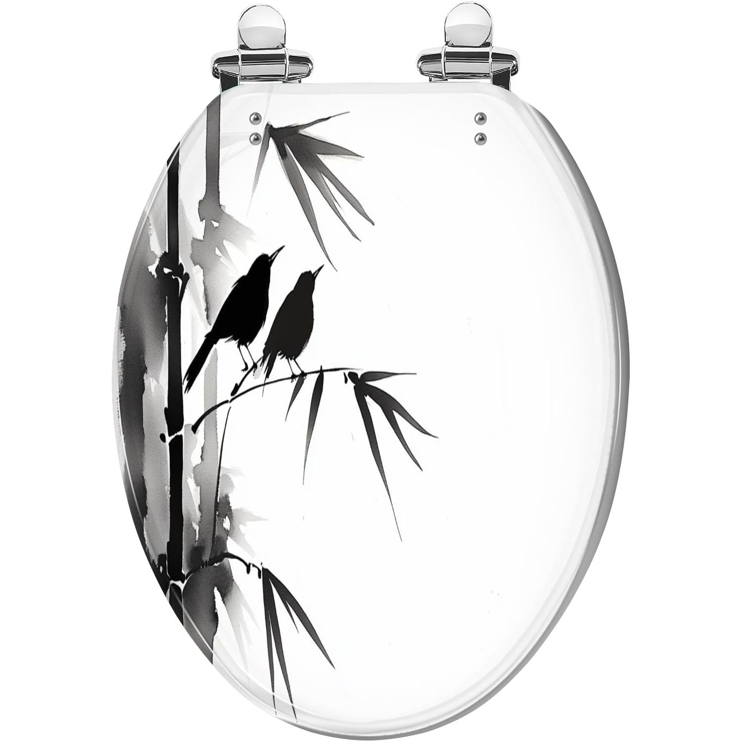 Sedile WC Allungato In Resina Effetto Bambù con Geroglifico E Hua E Due Merli, Chiusura Lenta E Silenziosa, Sgancio Rapido, Facile Da Pulire E Installare.