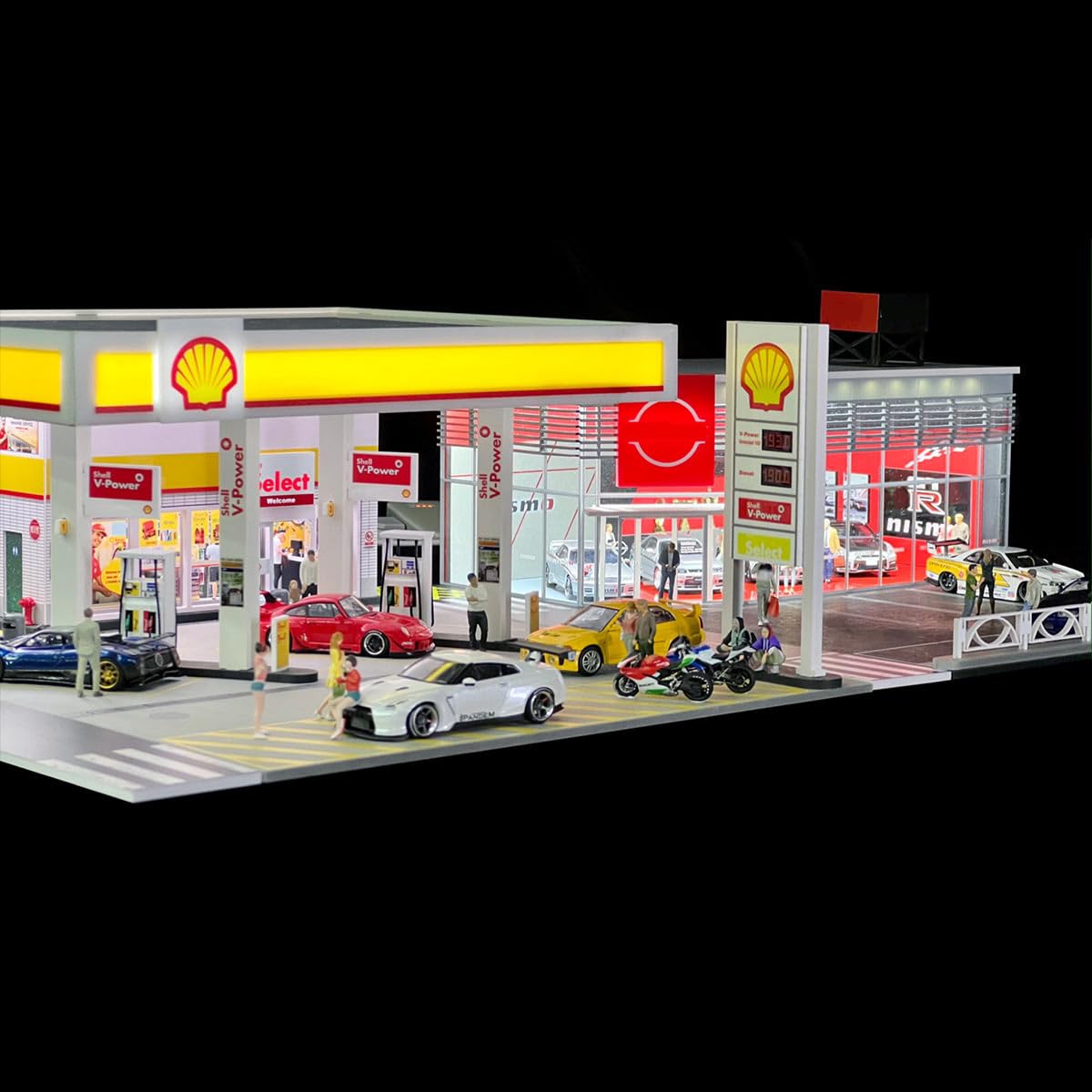 Shell Diorama stacja benzynowa w skali 1:64 – podświetlany LED model budynku z miniaturowymi akcesoriami, kompatybilna ze wszystkimi modelami samochodów w skali 1:64 (Collectible Display Scene)