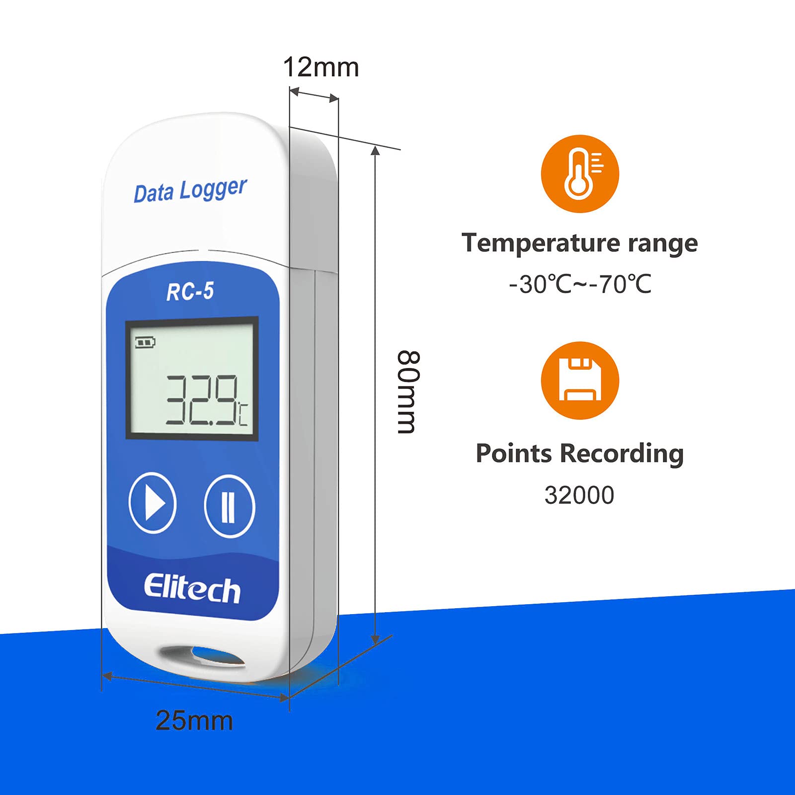 Elitech RC-5 (50 sztuk) czujnik temperatury, rejestrator temperatury, cyfrowy rejestrator USB z wyświetlaczem LCD, pojemność nagrywania 32000 punktów, -30°C do +70°C