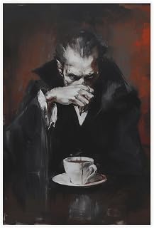 Fotuven Vampire Drinking Coffee Gothic Dark Academia Decor Horror Artwork Moody Wall Art Macabre Painting Nosferatu Vampire Decor Unframe-style16x24