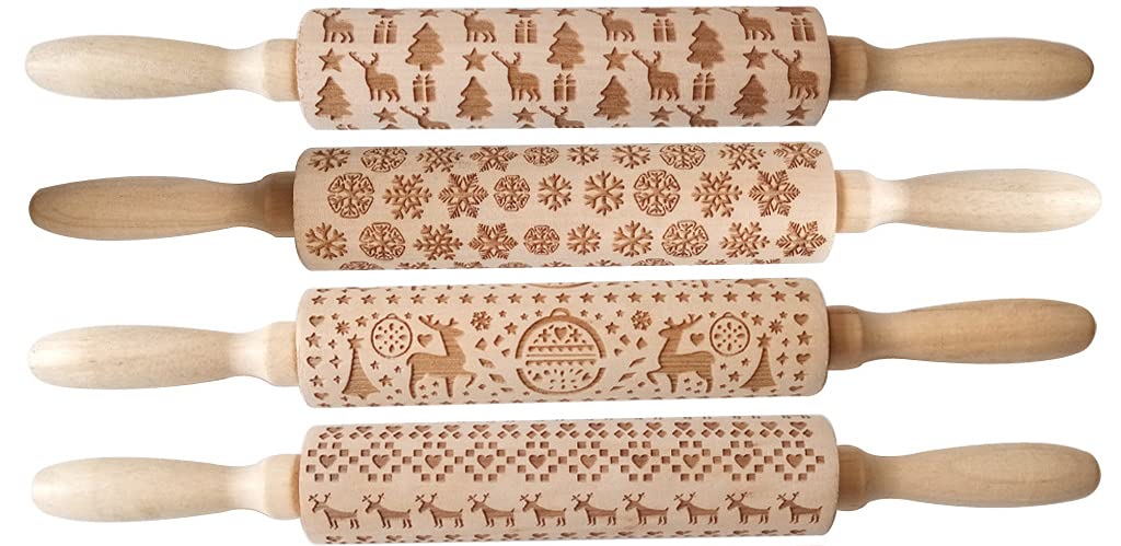 Rodillos de Madera de Navidad, utilizados para Hacer postres de Galletas en Familia, Rodillo de amasar profundamente Grabado en Relieve, con patrón de Ciervo navideño para Hornear