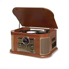 Raveo Vitrola Spazio com Toca-discos de 3 velocidades, Rádio FM, CD e Cassete players, USB e SD (reproduzem e gravam), entrada e saída auxiliares e tecnologia de conexão Bluetooth., Grande