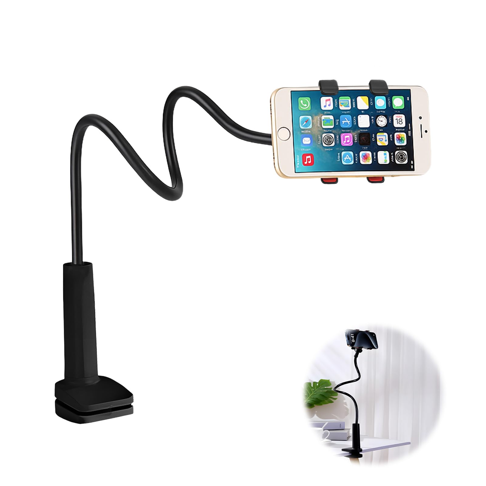Support Téléphone Lit Pince Forte, Bras Flexible 75cm Antivibration, Support Smartphone Col de Cygne 360°, Support Mains Libres pour Regarder Vidéos, Compatible iPhone Samsung