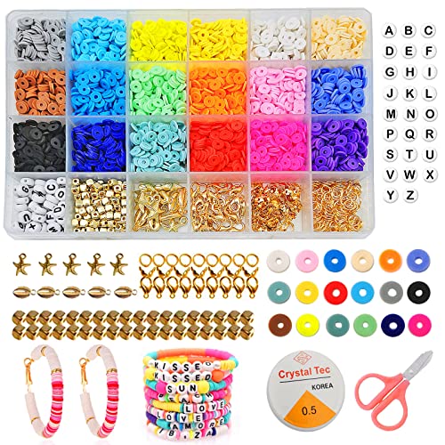 3890 Stück flache Perlen Armbandherstellung Kit 18 Farben Ton Perlen zur Schmuckherstellung 6 mm Buchstabenperlen Handgemachte Schmucksets für DIY Freundschaftsarmbänder Halsketten Cover