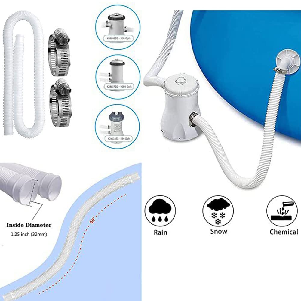2 Tuyaux Piscine 32mm 150cm – Remplacement Universel Pour Pompes Intex 300-1000 GPH + Clips & Adaptateur