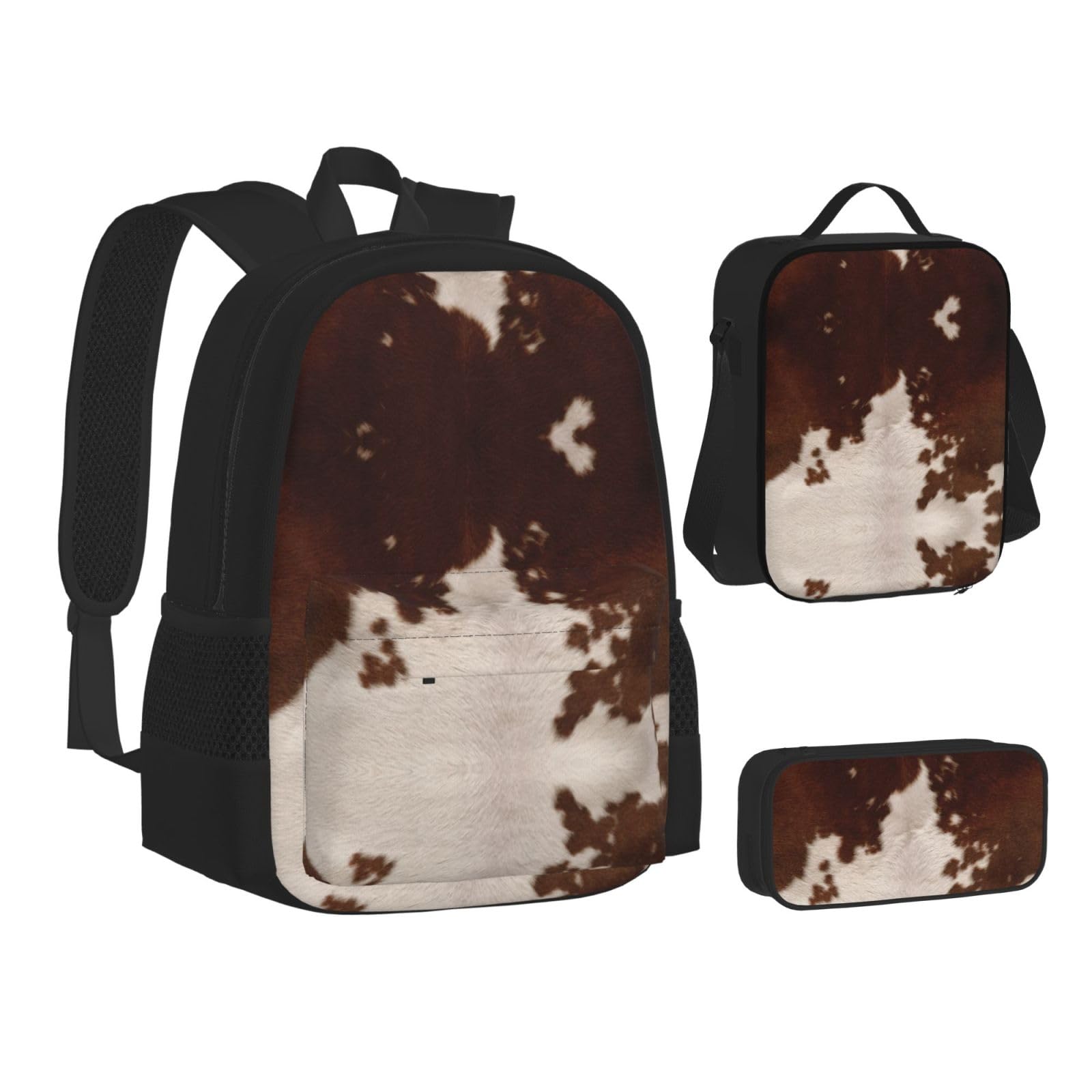 Juego de 3 mochilas escolares con estampado de piel de vacuno rojo y marrón, mochila para laptop de gran capacidad, resistente al agua, con bolsa de almuerzo aislada y estuche para lápices