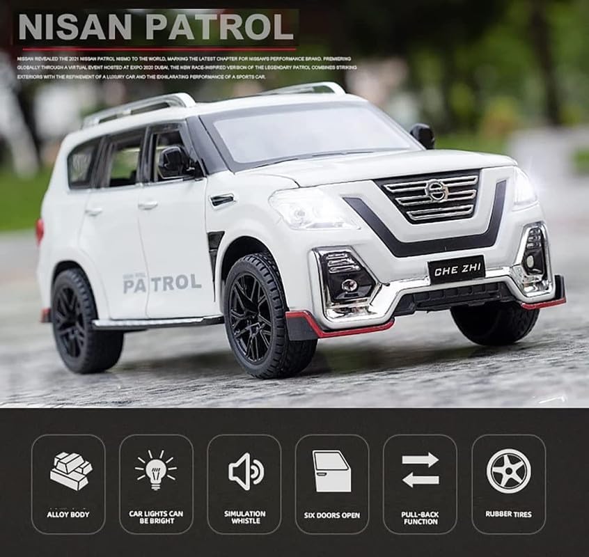 Image of Kids Model 1:24 N Petrol Die Cast Metal Car Pull Back Action Opening Doors with Realistic Engine Sound Lights Toy Car Gift for Boys - White