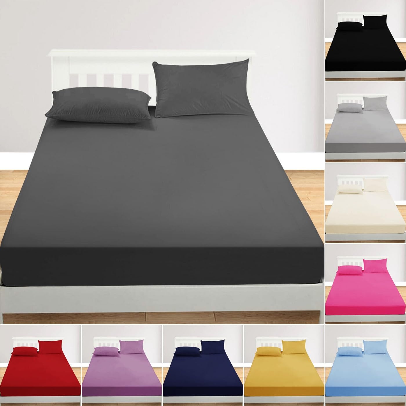 KARKARM New Fitted Bed Sheet with FREE Pillowcases – No Iron Plain Dye Poly Cotton Percale Easycare – 40CM Extra Deep Fitted Sheets Set (Cream, Double Fitted Sheet with 2 Pillow Cases)