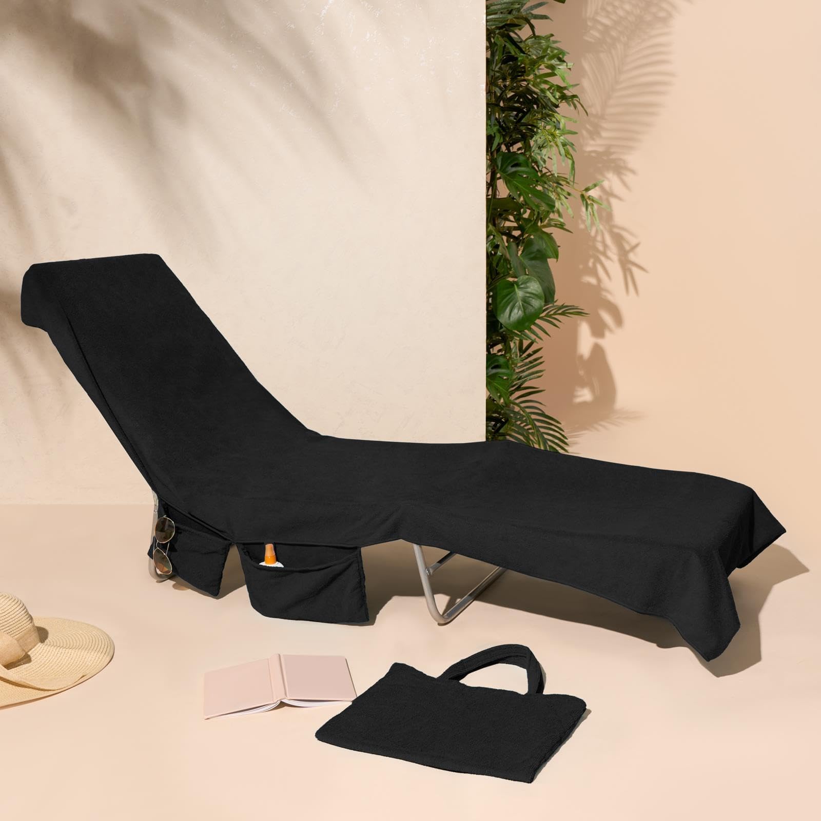 Brentfords Black Sun Lounger Towels With Pockets, Large Beach Towel In A Bag Sun Lounger Holiday Accessories Swimming Poolside Summer Essentials Sunbed Towel, - 215Cm X 75Cm