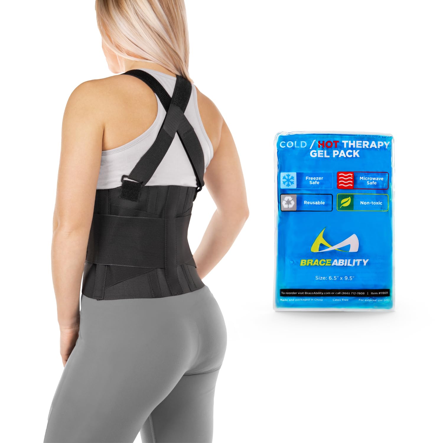 BraceAbility Work Back Brace Reusable Hot Cold Pack Bundle - Heavy Lifting Injury Recovery Belt with Shoulder Straps