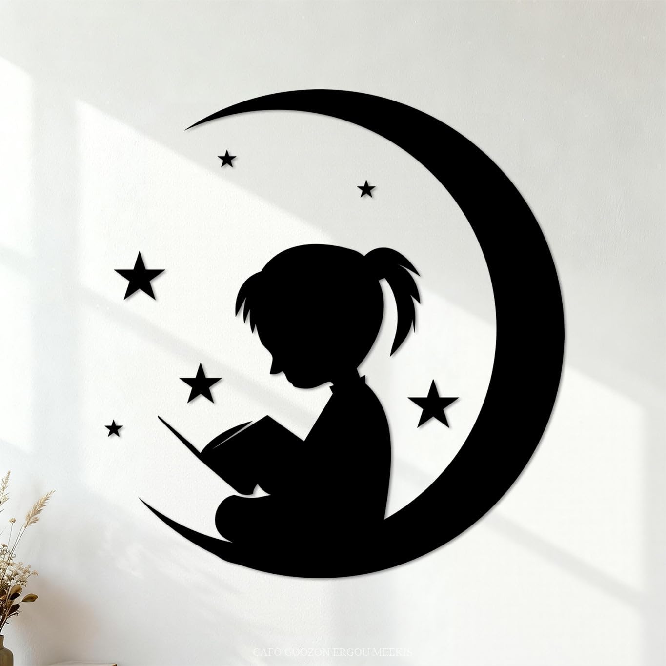 Fine Carving Decals Moon and Girl Stars Reading Book Shop Store Nursery 72x76.5cm Multi Color Selection Black