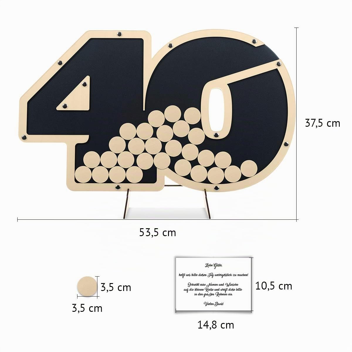 Geburtstag Gästebuch Alternative 53,5x32cm inkl. Standfuß und Holzkreise zum Einwerfen - 40 Jahre Anthrazit
