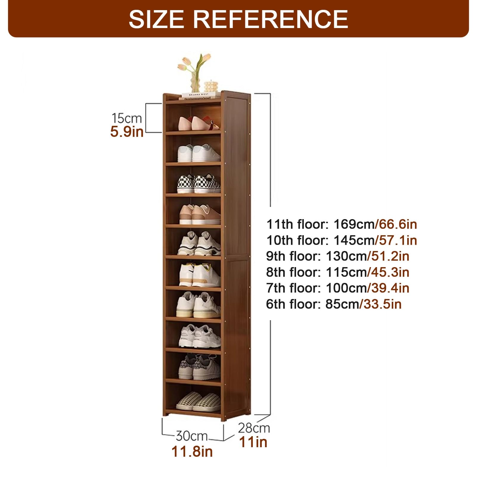 Natural Bamboo Shoe Rack, Freestanding Narrow Vertical Shoe Storage Organizer For Closet, Front Door & Entrance(1 pair of shoes,8th floor)