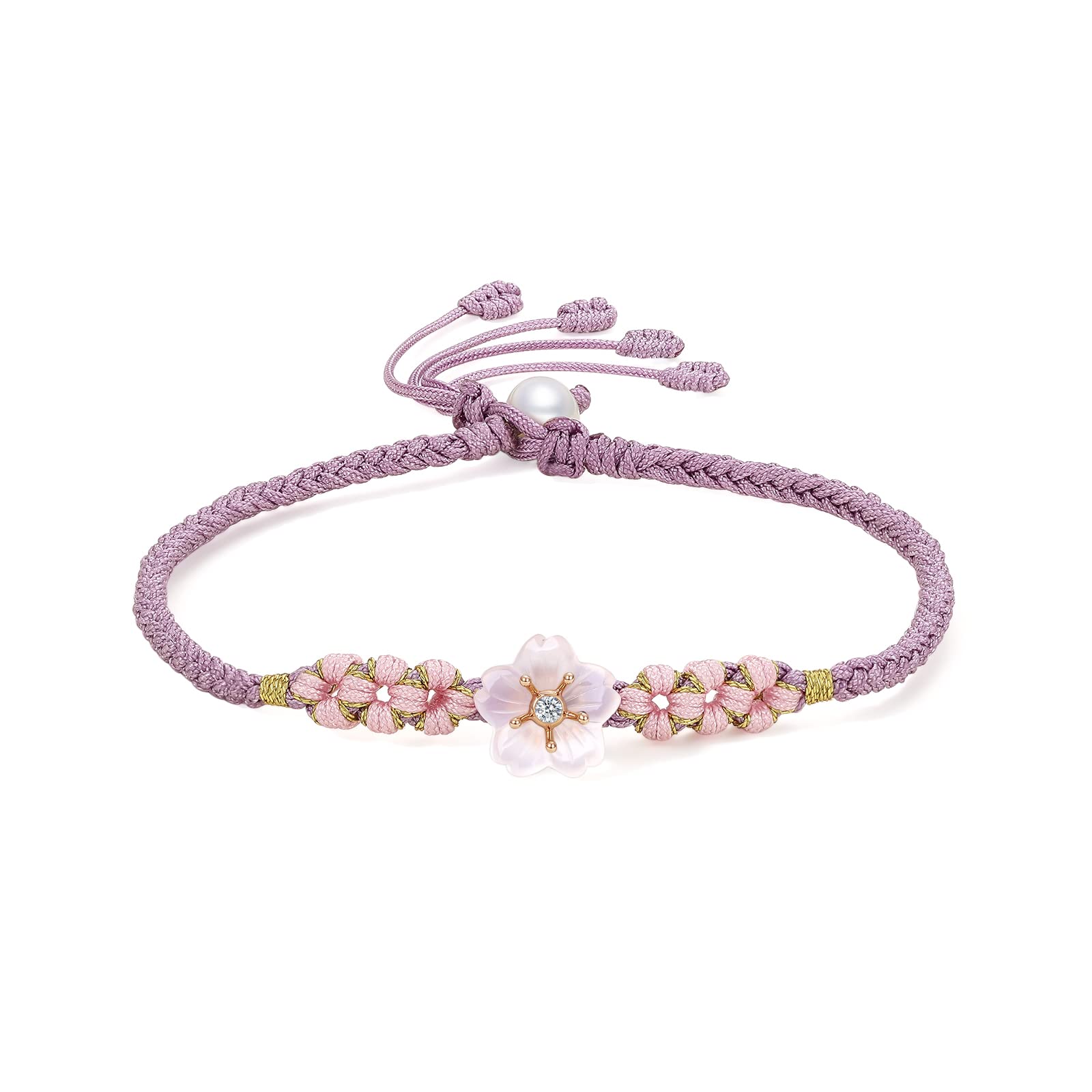 ZHOU LIU FU 18kt Gold Bracelet for Women, 18K Gold Charm Bracelet Strand Dainty Jewelry with Diamond Purple Braided Bracelet for Girlfriends