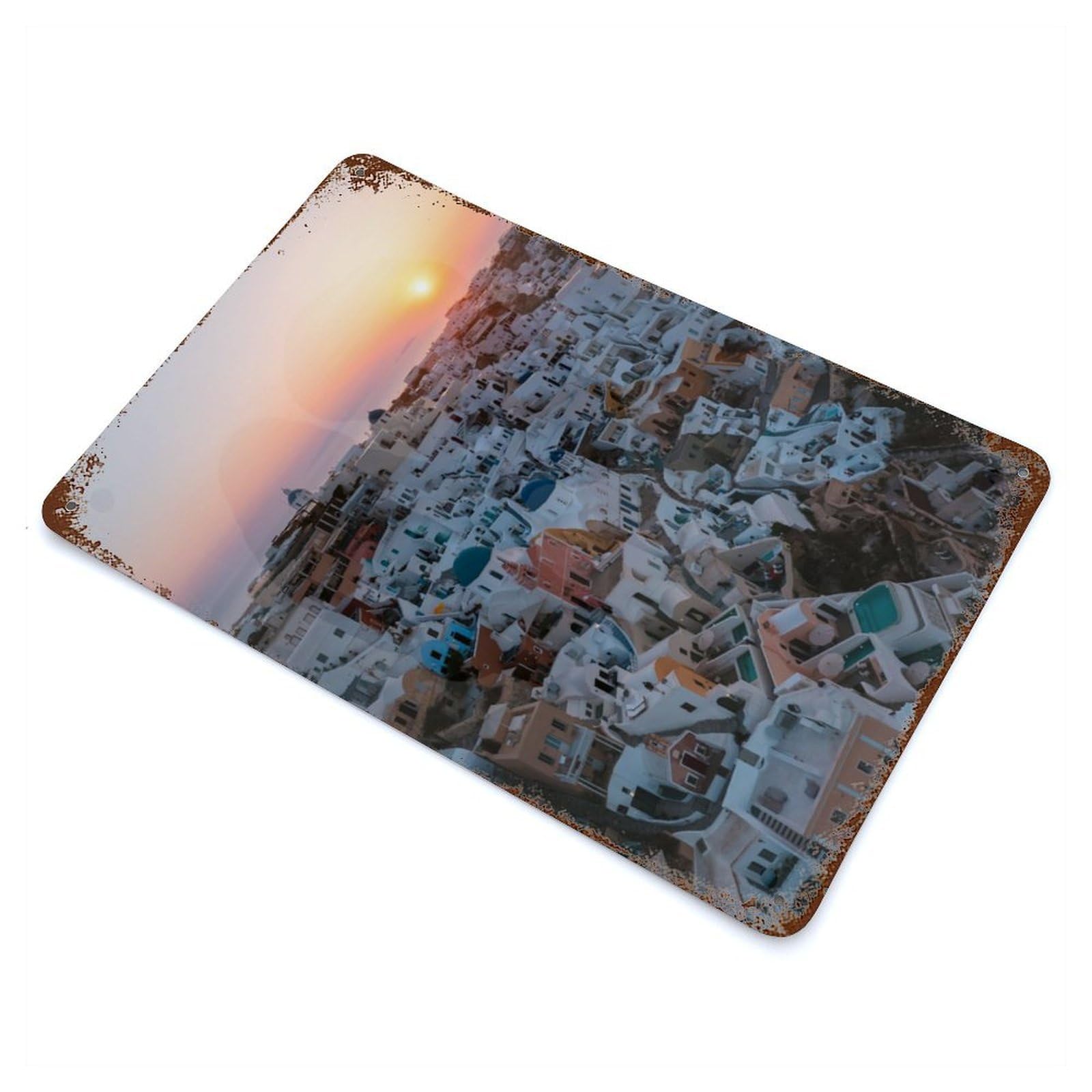 Sunrise over Oia Santorini 11.8"x7.9" Vintage Rust Metal Sign, Shabby Chic Decor for Garage, Bar And Workshop Decor