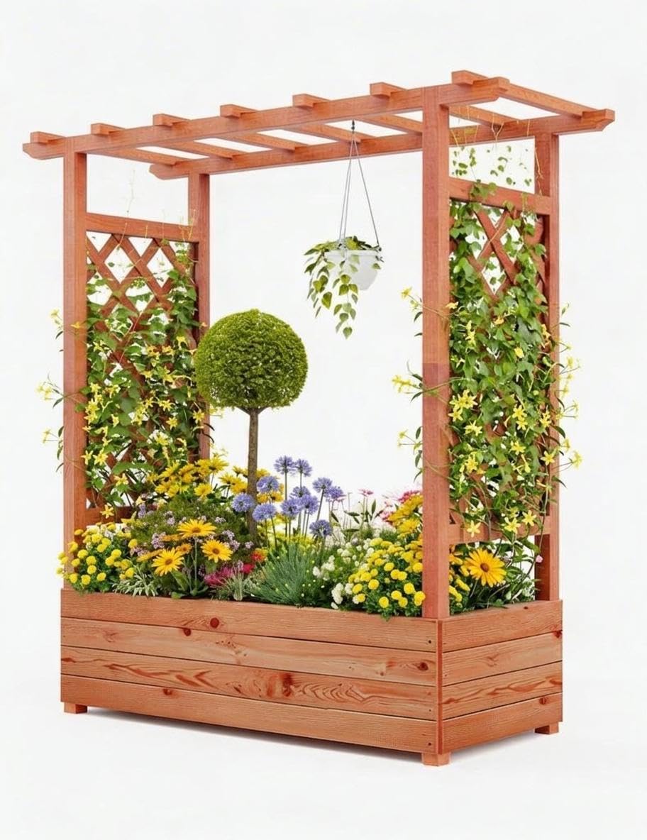 Acekool Hochbeet Mit Rankgitter & Dach, Für Kletterpflanzen & Weinreben | Blumenkasten Mit Spalier & 4 Abflusslöchern, Pflanzkasten Aus Holz, Vertikaler Pflanzer