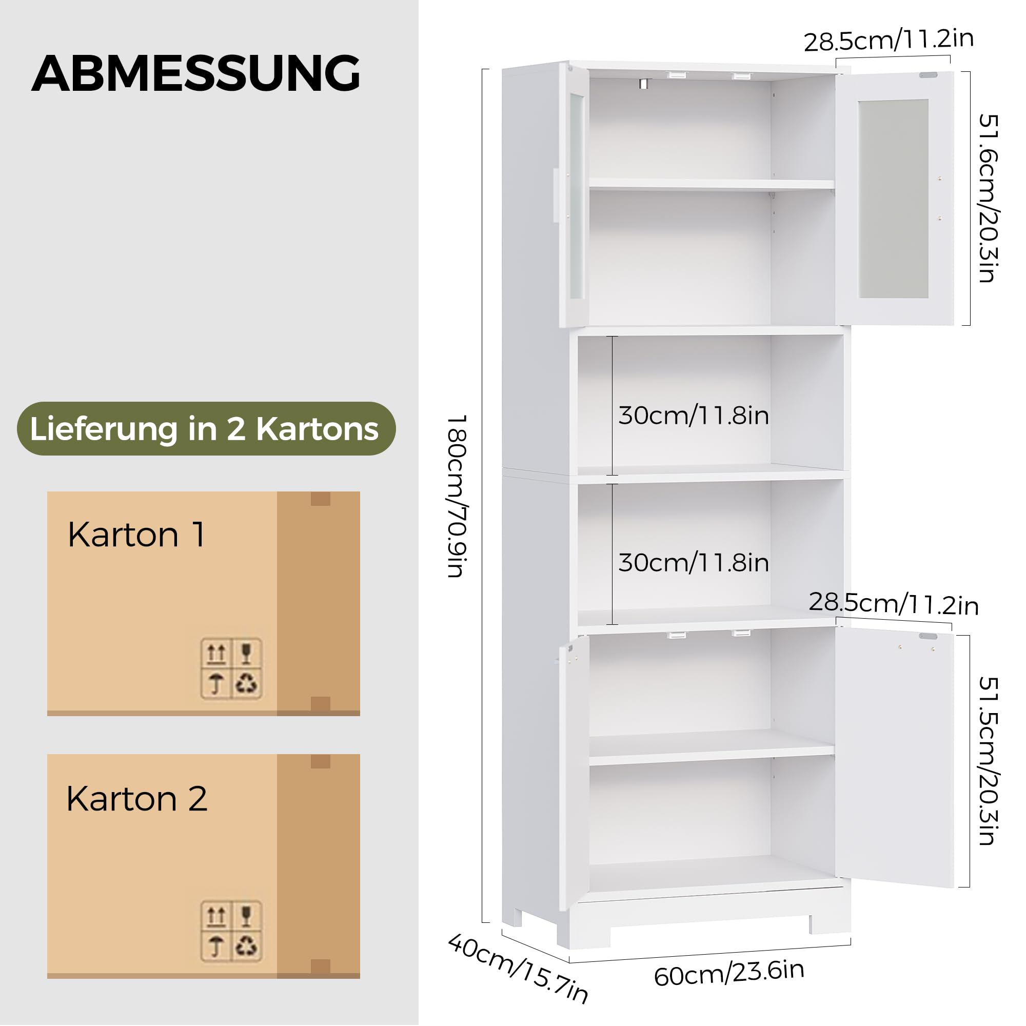 BEWISHOME Weiß Hoher Badezimmerschrank,Badschrank,Badezimmermöbel | mit Verstellbare Ablagen, Mehrzweckschrank mit Glastür und offenem Fach,für Badezimmer/Wohnzimmer, 40 * 60 * 180cm EYYG04W