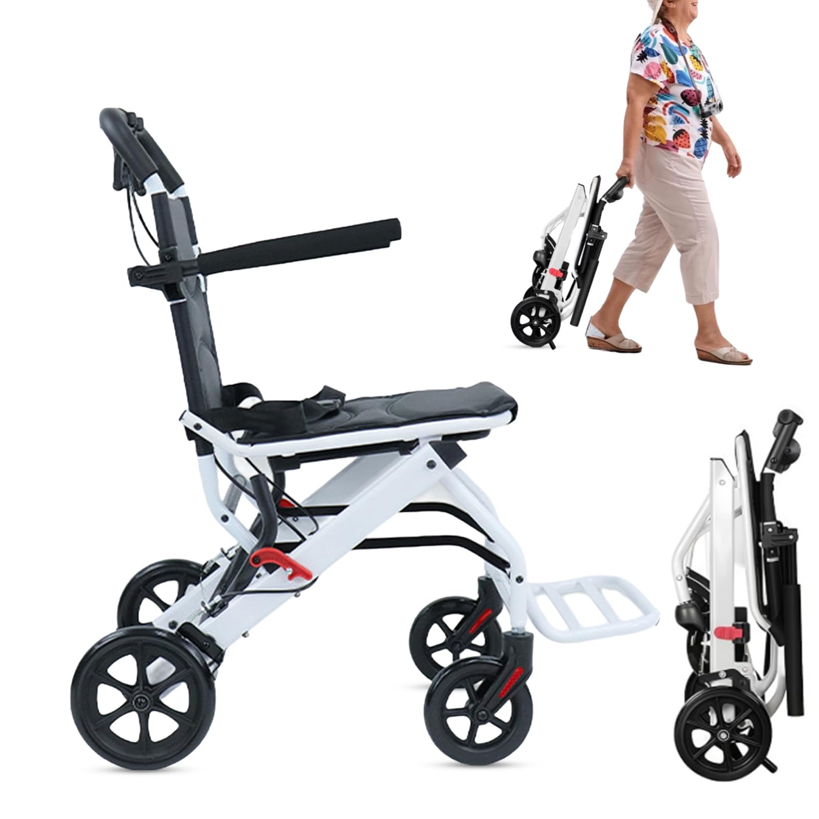 Silla de ruedas de viaje reclinable súper ligera, sillas de ruedas plegables para transporte de tránsito para adultos y personas mayores, soporta 200 libras, correa de seguridad ajustable, marco de