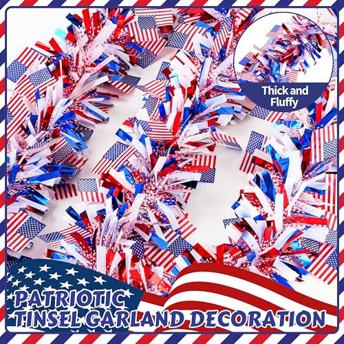 Image of 50FT 4th of July Patriotic Tinsel Garland, Glitter Tinsel Garlands with Flag, Metallic Holiday Hanging Streamers for Memorial Day Independence Day Indoor Outdoor Party Decor