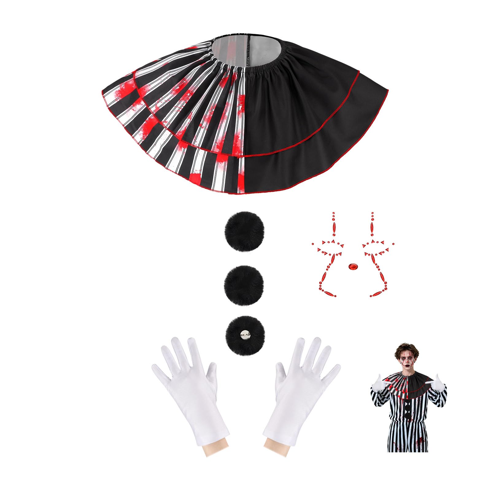 4 PCS Scary Clown Accessories Women Men, Killer Clown Collar Ruffle Face Gems Black Pompoms White Gloves, Halloween Costume Accessories Adults for Halloween Carnival Scary Movie Cosplay Party
