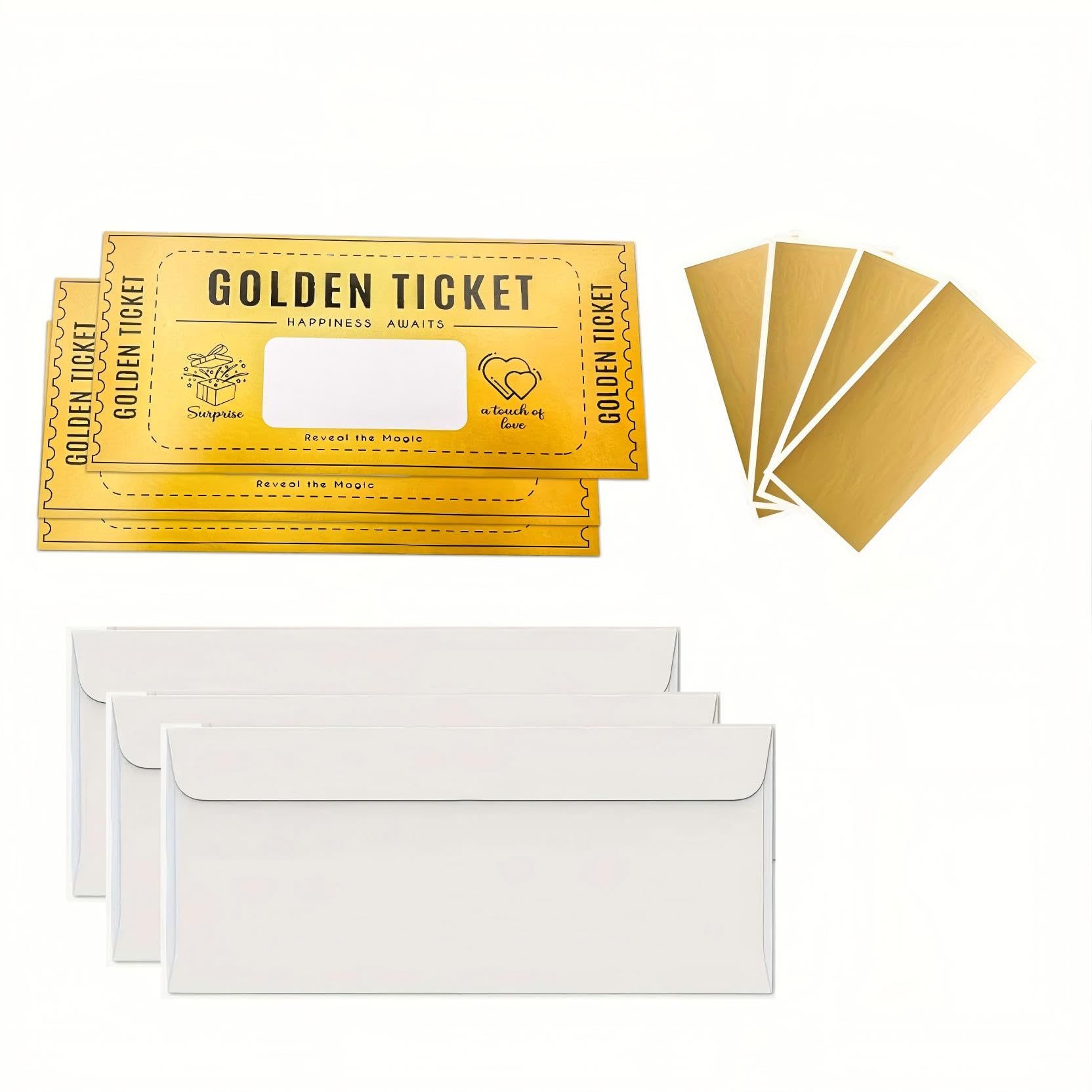 10 sets of golden ticket packages, including envelopes, scratch cards, surprise gift display cards, suitable for use in birthday cards, wedding cards, concert tickets, cinema coupons,lottery prizes