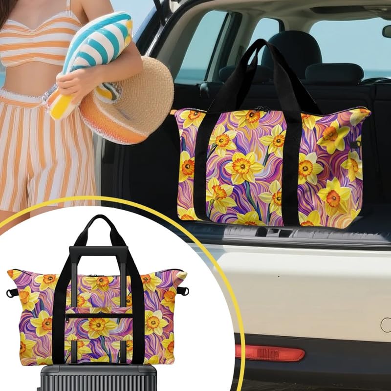 Gold Daffodil Duffle Bags for Traveling Lightweight Foldable Fluid Purple Pink Weekender Carry On for Women, Floral Large Sports Tote Gym Bag4