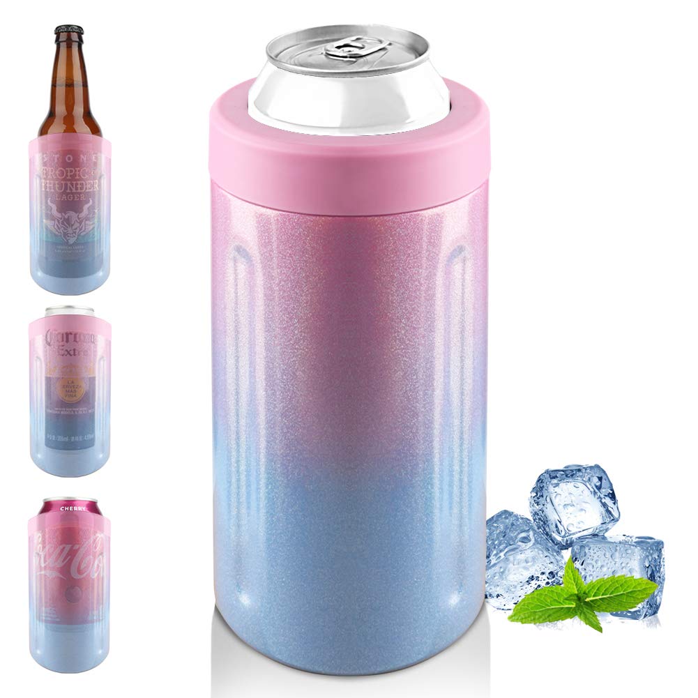 Aokpsrt Insulated 12oz Can Cooler 4 in 1 Slim Beer Can Cooler Double-walled Stainless Steel Beer Holder Suitable for Slim & Short Cans,Beer Bottles & As Drink Cup(Glitter Peacock Violet)