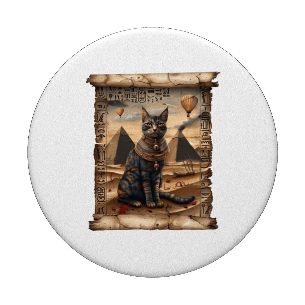 Pyramid Papyrus Scroll Retro Desert Egyptian Art Cute Cat PopSockets Swappable PopGrip, Black - Image 3
