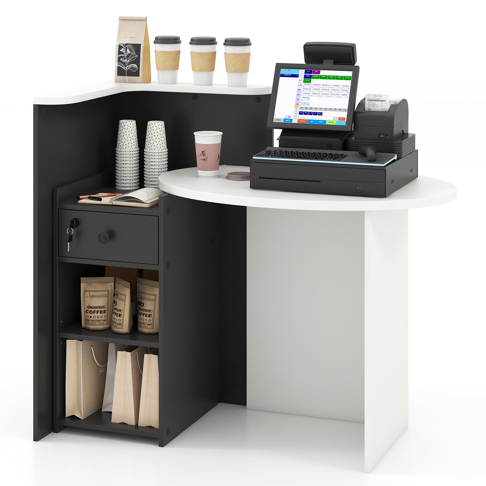 SFAREST Reception Desk, Wooden Front Cashier Table with Open Shelf and Lockable Function, Modern Retail Corner Computer Desk for Salon Office Restaurant (Black Shelf+White Table) — image 1