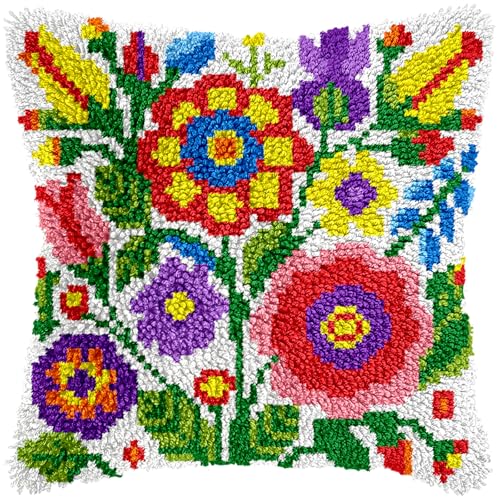 Image of veirousa Colorful Flowers Latch Hook Kits for Adults Beginners - Latch Hook Pillow Kit Pre-Printed Mesh Latch Hook Rug Kits Craft Cushion Set for Home Sofa Decoration 17x17 in. DIY Gift for Mom
