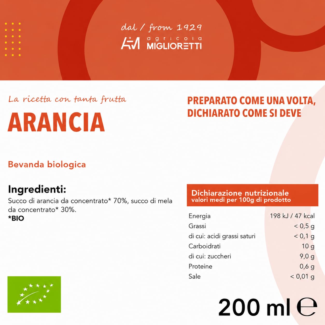Agricola Miglioretti - Succo di arancia bionda 24x200 ml -100% Biologico, Spremuta a Freddo senza Zuccheri Aggiunti - Prodotto Italiano Naturale e Dissetante