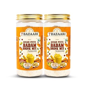 7 BAZAARI Kesar Pista Badam Drink Mix 225g |Natural Blend of Almonds, Pistachios, and Cashews with Exquisite Saffron, Rose Petals, and Spices No Artificial Flavors (Pack of 2) - image, photos