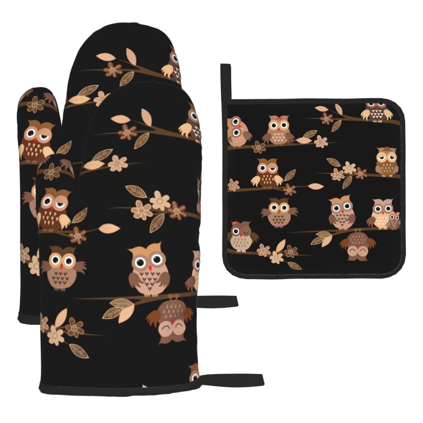 Yyoretp Black Cute Brown Cartoon Owls Print Oven Mitts And Potholders Bbq Gloves-Oven Mitts And Pot Holders For Cooking Baking