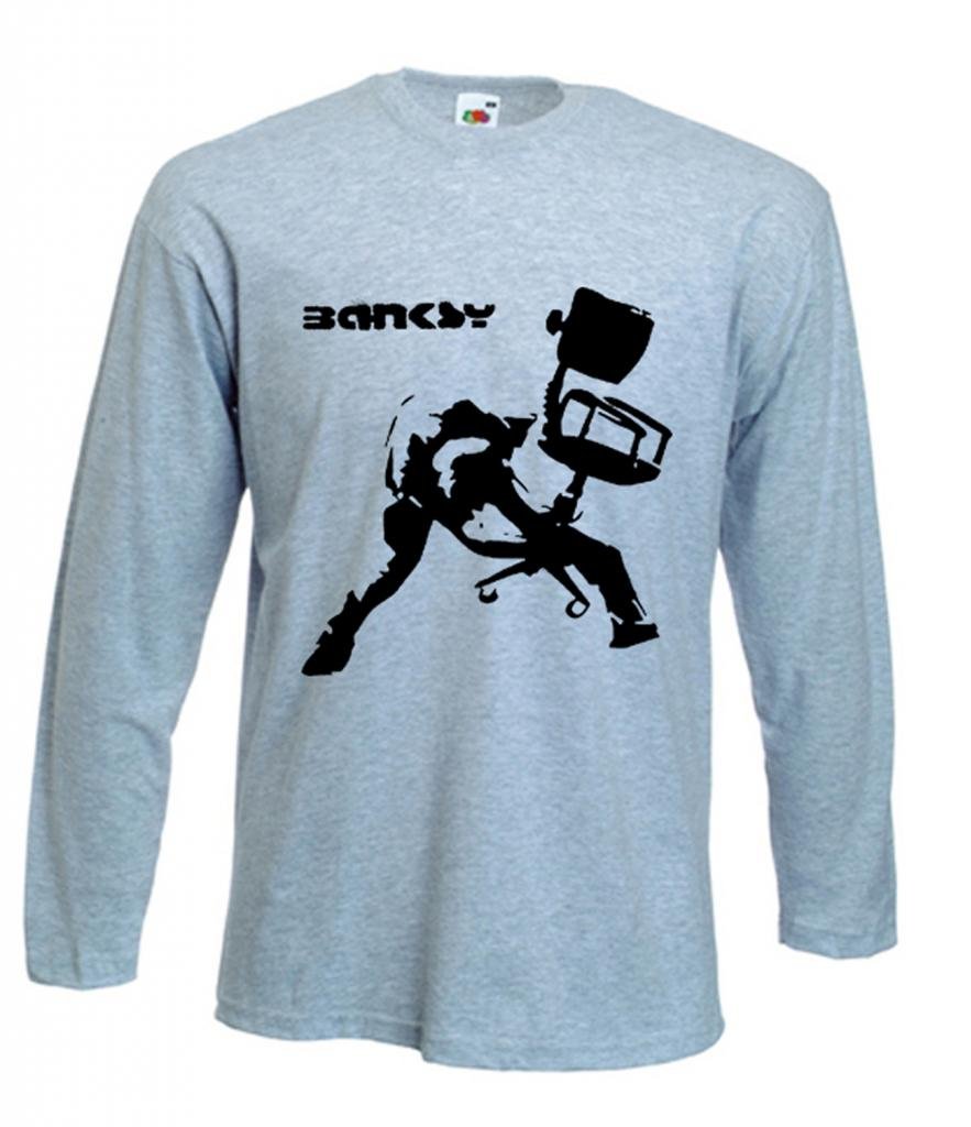 Tribal T-Shirts Mens Banksy Office Chair Long Sleeve T Shirt (XL, Grey)