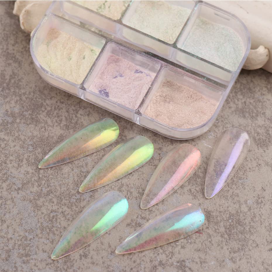 Miniatura 5 de 6 colores de espejo láser Aurora cromo polvo para uñas, polvo de uñas con purpurina de uñas, polvo de camaleón, pigmento iridiscente cromado,