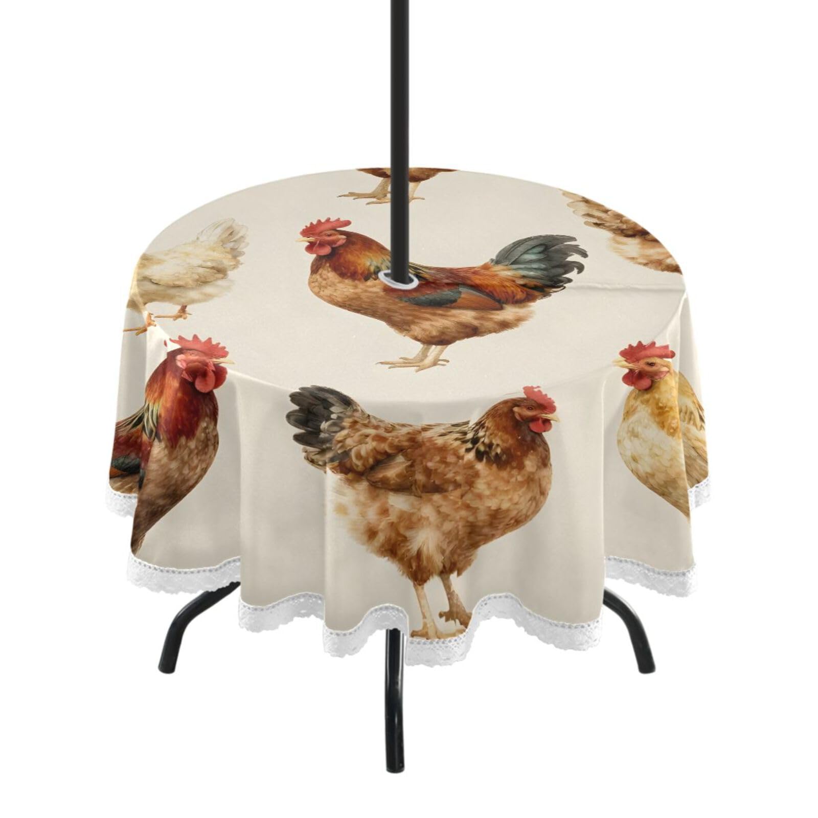 Ttgoth Farmhouse Roosters Outdoor Table Cloth 152 cm Water Stain & Resistan Tablecloth Wipeable Table Cover with Parasol Hole & Zipper for Garden Patio Party Picnic