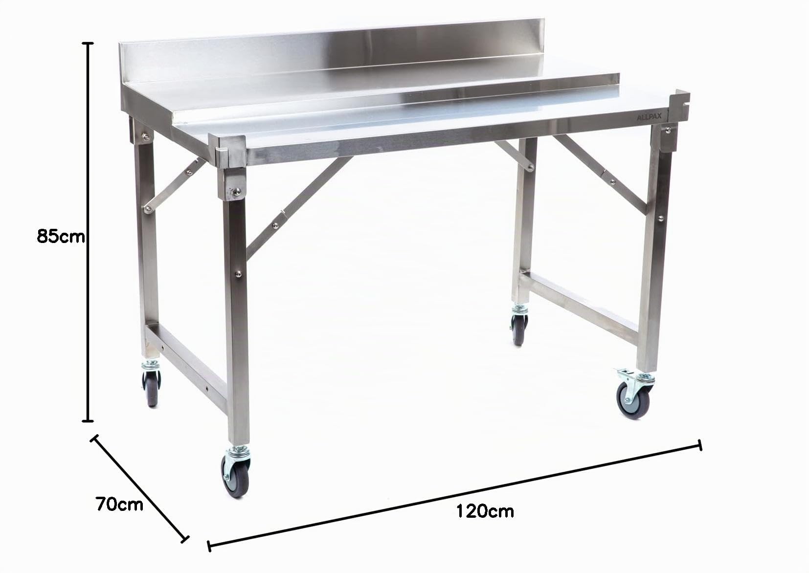 Allpax Zerlegetisch klappbar 120 x 70 x 85 cm – mit Kunststoffplatte und Aufkantung – 200 kg Traglast – Edelstahl Schlachttisch für Jagd und Metzgerei – mobile Ausführung auf Rollen