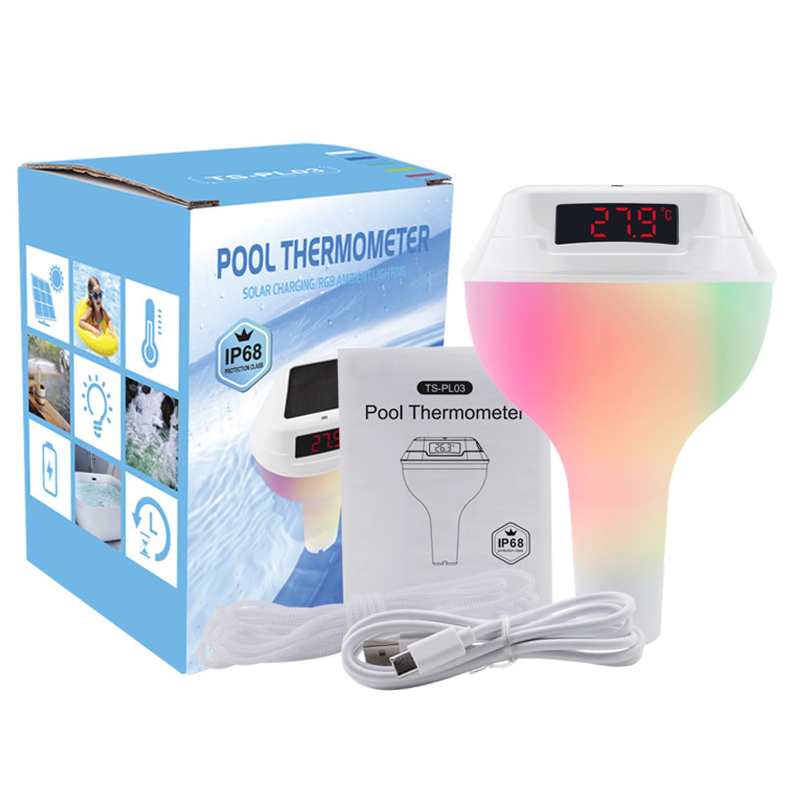 Termómetro de Piscina Inalámbrico Solar con Monitor Interior Para Piscina,Termómetro Piscina con Luces de Cambio de Color, Termómetro de Agua Para Piscinas, Jacuzzis, Spa, IP68 Impermeable,Blanco