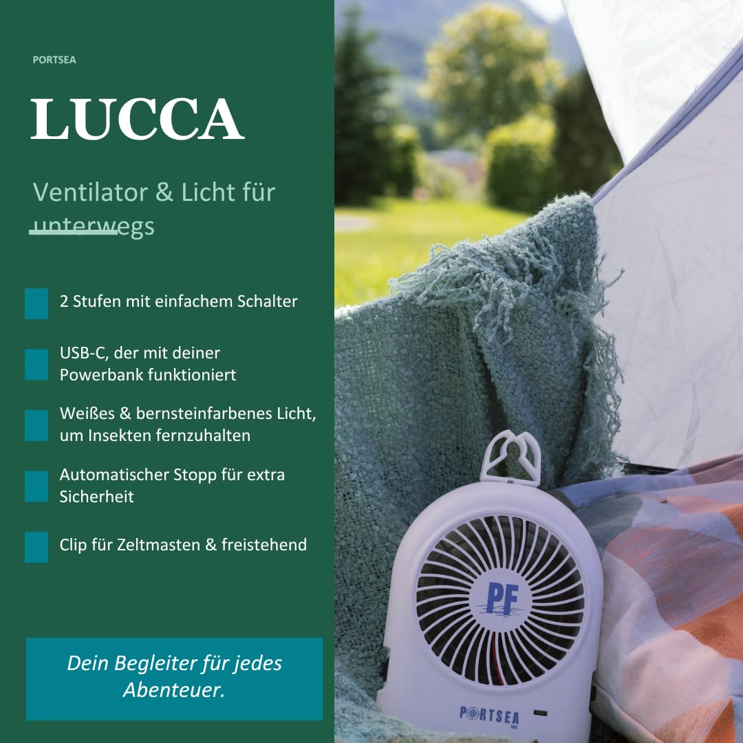 Lucca - Ventilador portátil USB silencioso para tienda de campaña, al aire libre, viajes y viajes, compatible con banco de energía