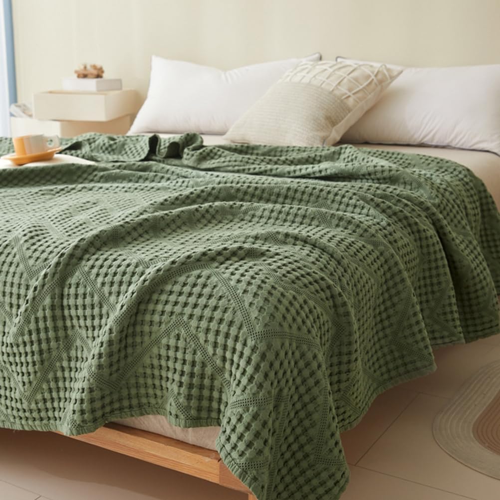 Manta de algodón Tipo gofre para Halloween, Manta de Punto gofre - Manta de algodón Tejida Ligera, Transpirable y Suave para Cama y sofá, Verde, 178 x 203 cm