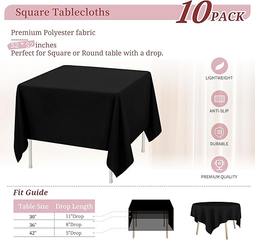 Miniatura 2 de Teruntrue Paquete de 10 manteles cuadrados negros de 52 x 52 pulgadas, poliéster, impermeable, resistente a las manchas, lavable, para bodas,
