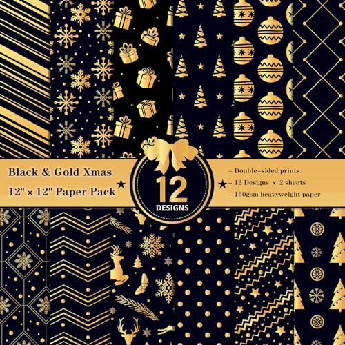 papel scrapbook,accesorios scrapbook, 12' x 12', 24 hojas con impresiones de copos de nieve de árboles de Navidad, almohadilla de 160 g/m² de doble cara, fondo for álbum de fotos, dorado y negro