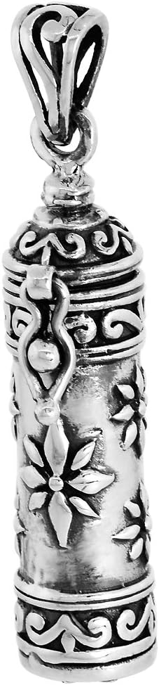 Sterling Silver Prayer Box Necklace Tubular Shape floral Design 1.25 inch with 2mm Rolo Chain