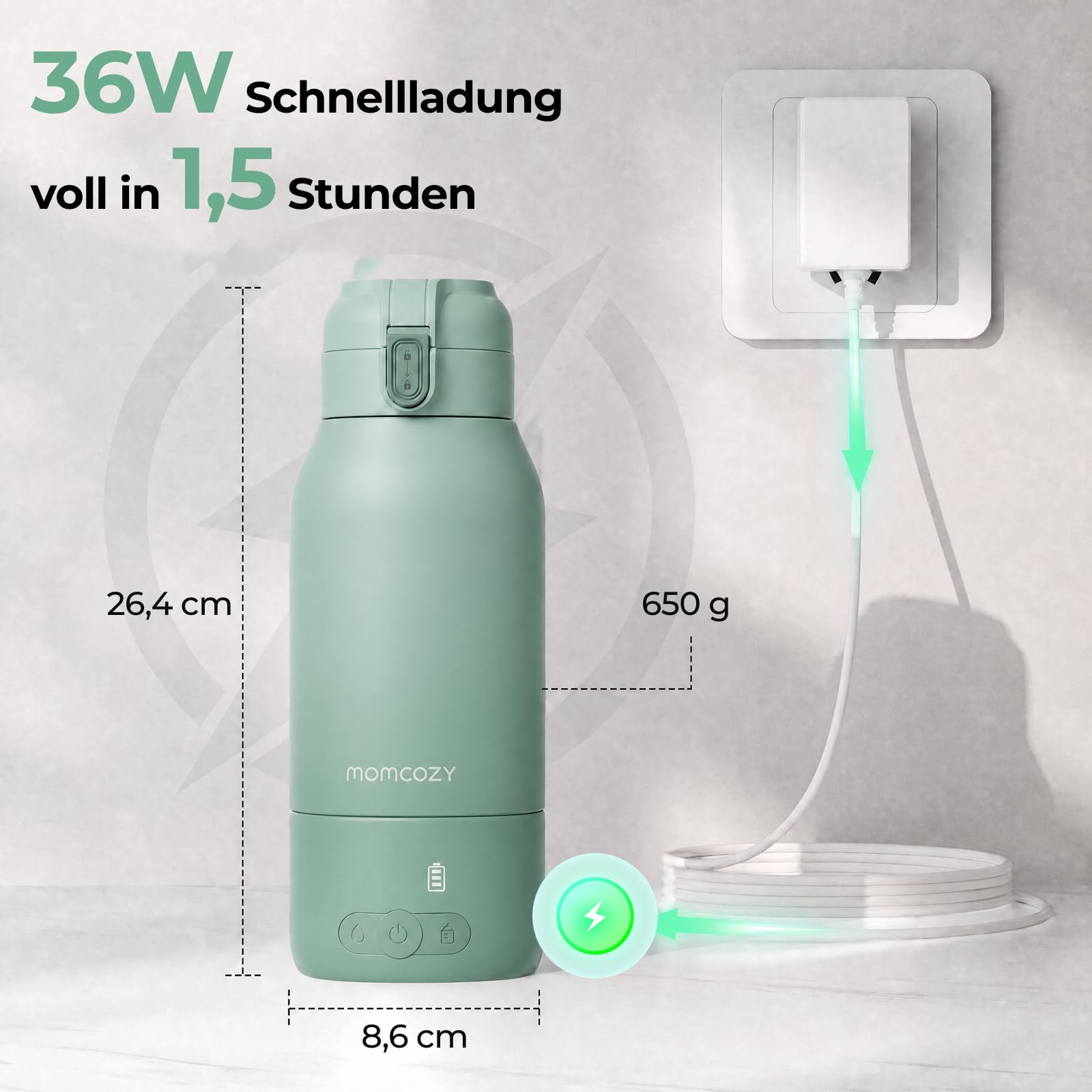 Momcozy MW05 Tragbarer Flaschenwärmer Baby 500ml Kapazität Akku TÜV-CE zertifiziert Schnellaufheizen 3 Min BPA-frei USB-C Kabel Grün
