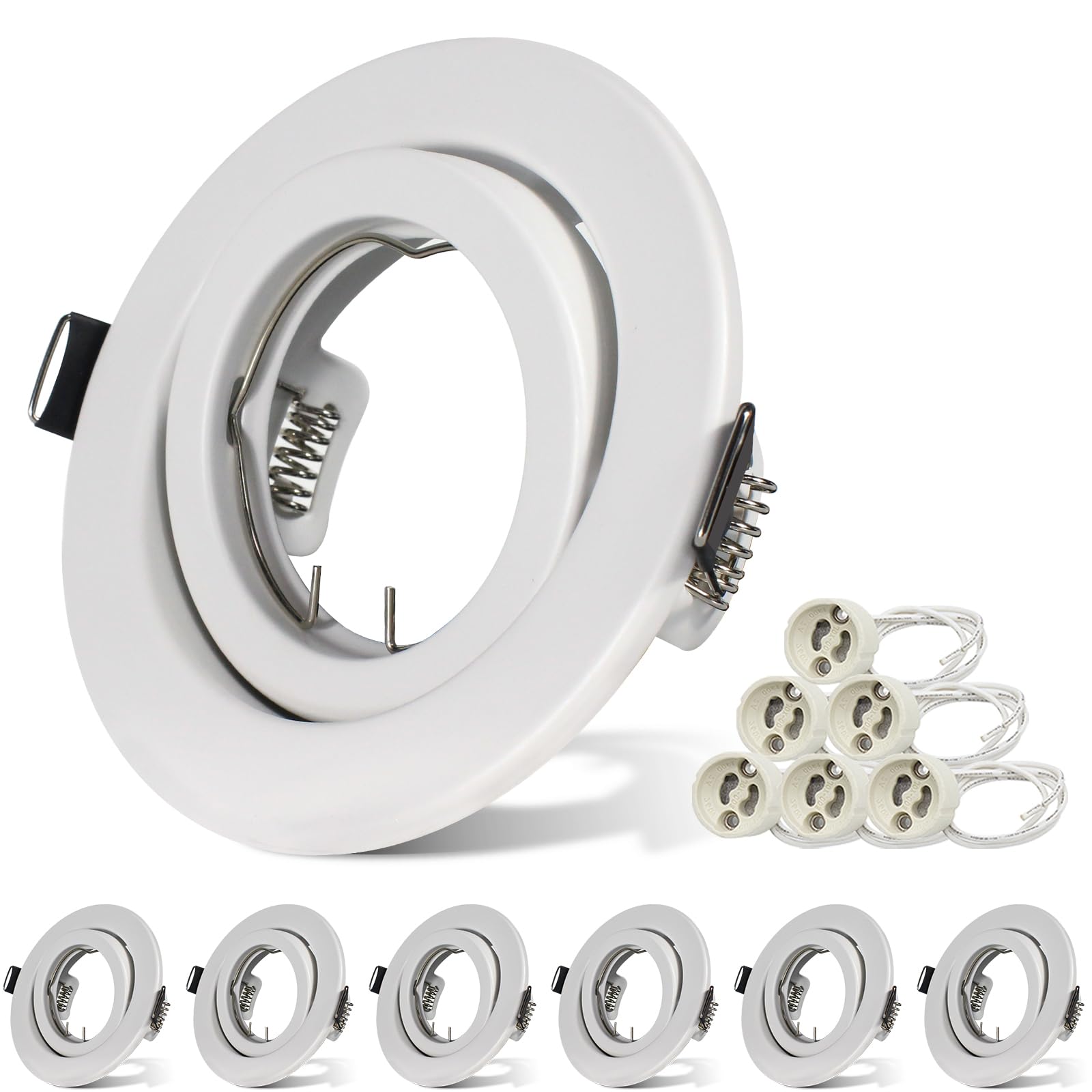 6er LED Einbaustrahler Rahmen GU10 Schwenkbar Einbaurahmen Matt-weiß Einbauspots mit GU10 Fassung Metall Rund Einbauleuchten Decke LED Lochdurchmesser 98mm für Küche Wohnzimmer Messehallen