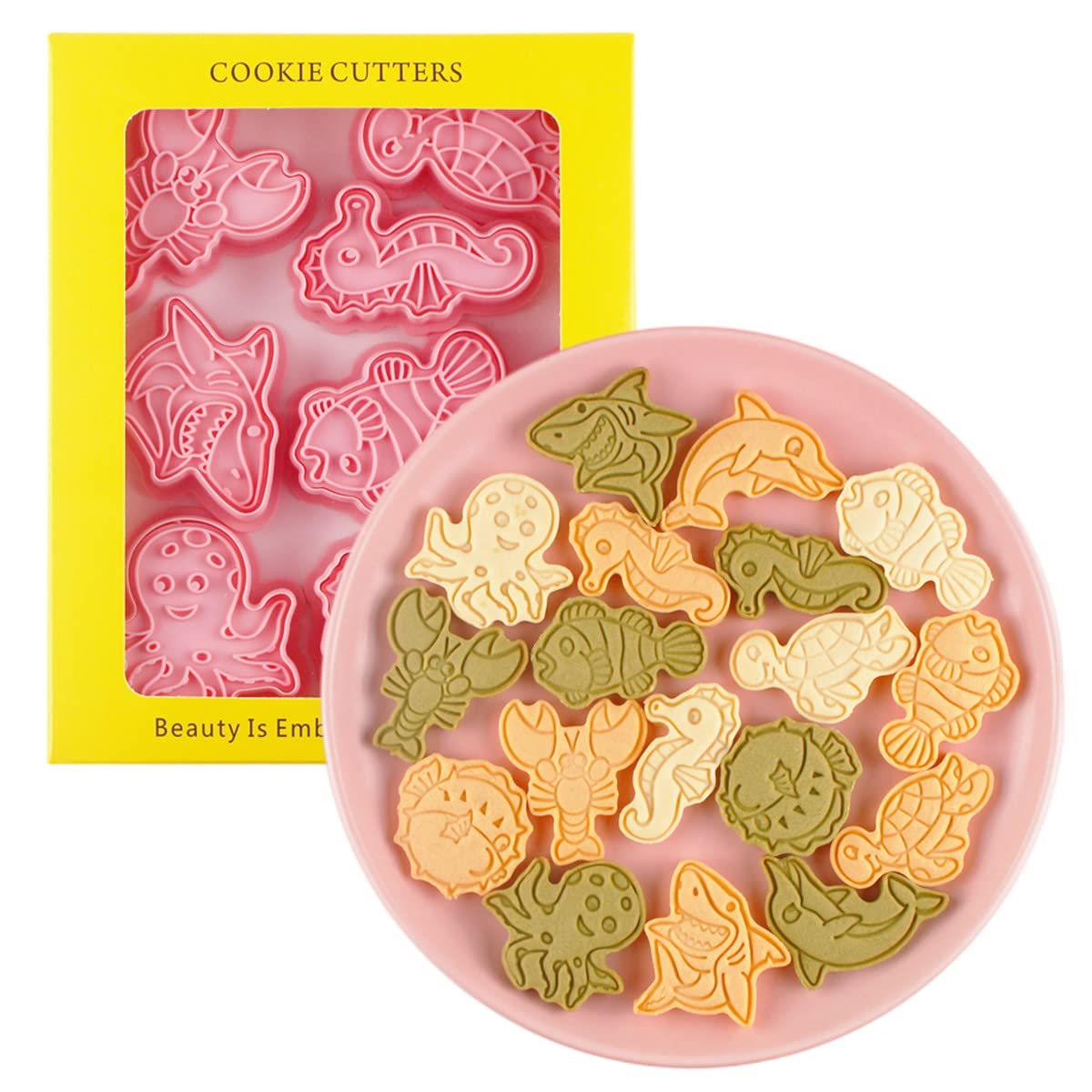 8 Pieces Cute Marine animal Cookie Cutters Cartoon Fish Cookie Mould Dolphin Shark Cookie Stamps Set Kitchen Tools Plastic Lobster Cookie Press (Marine animal 0209)
